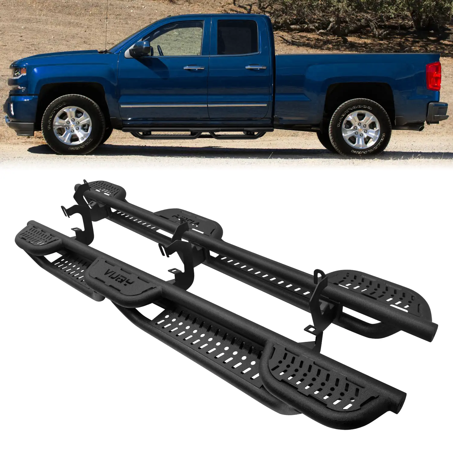 Vijay Running Boards,  For 2007-2018 Chevy Silverado/GMC Sierra 1500, 2007-2019 2500HD/3500HD Extended/Double Cab, Pair, Chevy/Sierra Hd