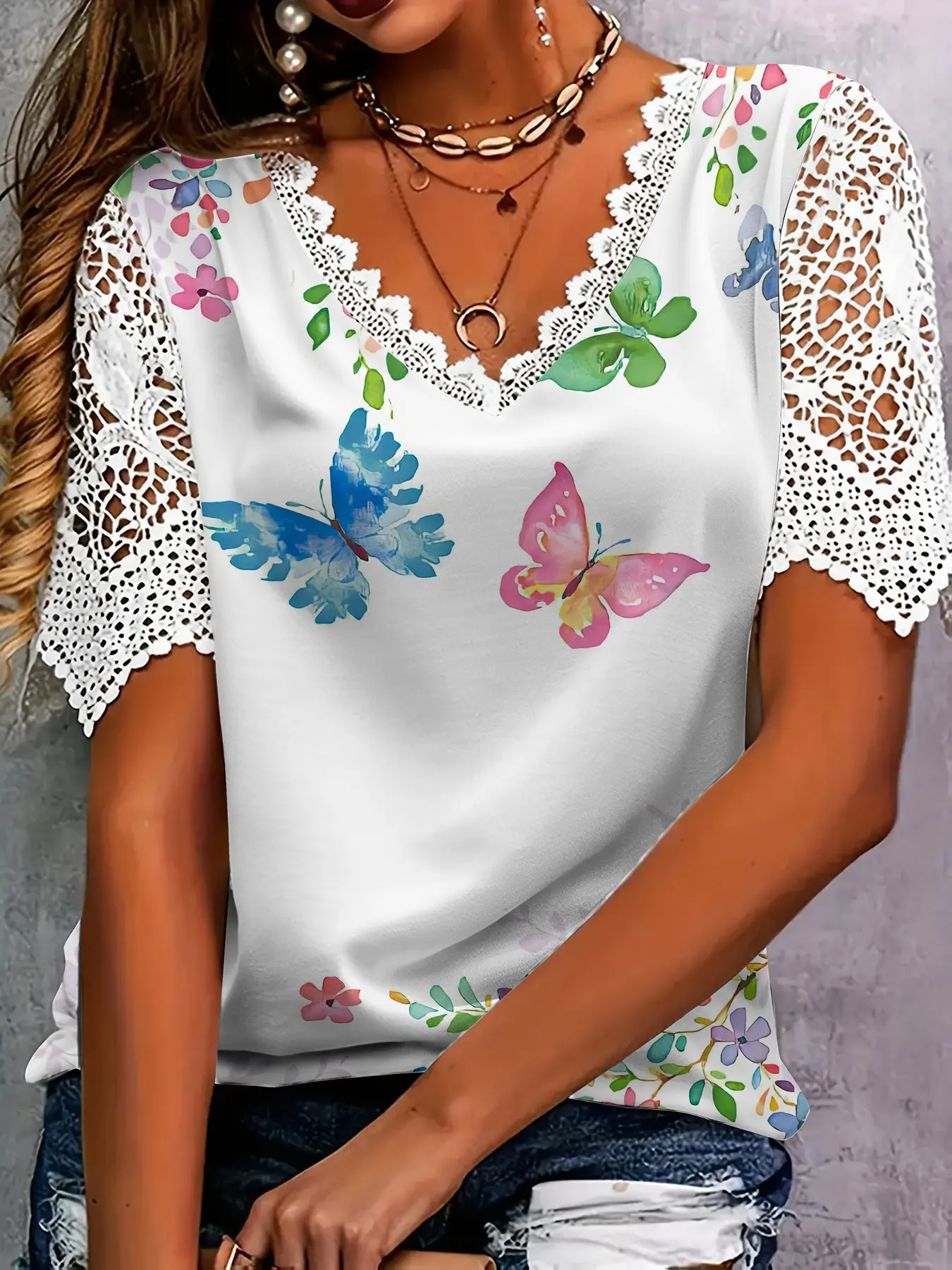 Elegant Lace Patchwork Fashion Women's Loose Colorful Flower Butterfly Floral Print Short Sleeve T-Shirt Tee, Stylish Summer Top Womenswear