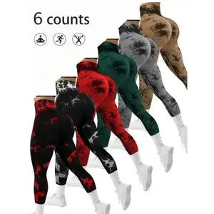6 pcs Women's Tie Dye Pattern Ruched High Waist Sports Leggings, Casual Sporty Comfy Breathable  High Stretch Skinny Pants for Yoga Gym Workout Running, Ladies Sportswear for All Seasons, Tummy ControlGift