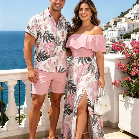 Vacation Couple Outfit Tropical Monstera Leaf Print Flounce Off the Shoulder Smocked Slit Dress and Shirt Set