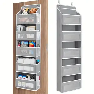 Door Hanging Storage Rack - 5+5 Pockets for Everyday Storage with 5 Large Clear & Mesh Side Pockets for Bedrooms Bathrooms & Food Storage Rooms Grey Organizer Set Installation Hangable 10 - 15 Kg Capacity