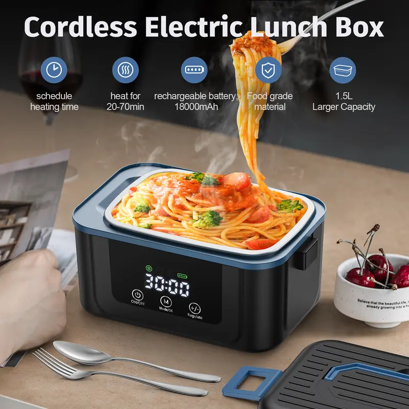 Cordless Rechargeable Self-Heating Electric Lunch Box - 1.4L (1000-2000ml) Food-Grade Steel Inner Container, 18000mAh BPA-Free Reusable Set, Long-Press Heating, Insulated Portable Handle & Bag, Dishwasher-Safe Bowl, Ice Pack for Truck Drivers, Fishing