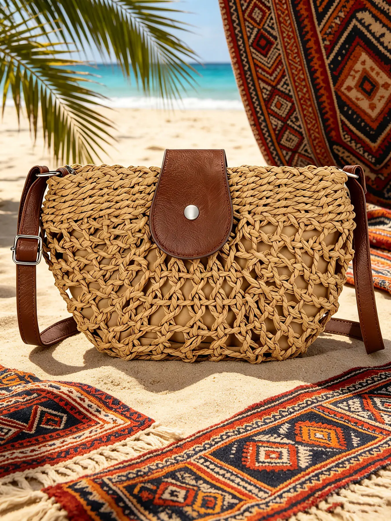 Boho Style Straw Crossbody Sling Bag, Faux Leather Trimmed Woven Shoulder Purse, Adjustable Strap Casual Bag for Beach Trips & Weekend Getaways, Boho Shoulder Bags