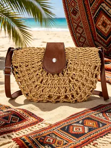 Boho Style Straw Crossbody Sling Bag, Faux Leather Trimmed Woven Shoulder Purse, Adjustable Strap Casual Bag for Beach Trips & Weekend Getaways, Boho Shoulder Bags