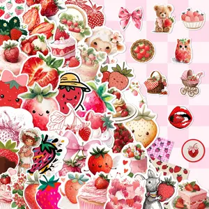 50Pcs Cute Strawberry Stickers Pack, Waterproof Kawaii Pink Aesthetic & Dessert Fruit Vinyl Decals for Laptop, Water Bottle, Journal & Scrapbook, Sweet Gift
