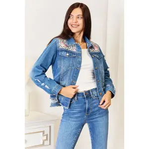 Baeful Leopard Floral Distressed Raw Hem Denim Jacket Casual Outfit