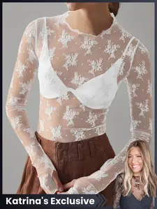 【Katrina‘s Exclusive】Women's Sheer Lace Long Sleeve Top Blouse, Sexy Floral and Leopard Patterns, Versatile Layering Piece in Multiple Colors