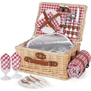 Set 2 - Wicker with Waterproof and Insulated Liner, Large Handmade Wicker with Cutlery Set Suitable Outdoor,, Camping, Party, Vacation (Red)