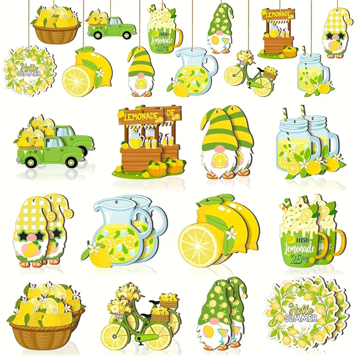 24 Piece Summer Tree Decorations, Lemon Theme Wooden Dwarf Hanging Ornaments, Fruit Gifts Tags, Hawaiian Party Decoration, Wooden Decorative Ornaments