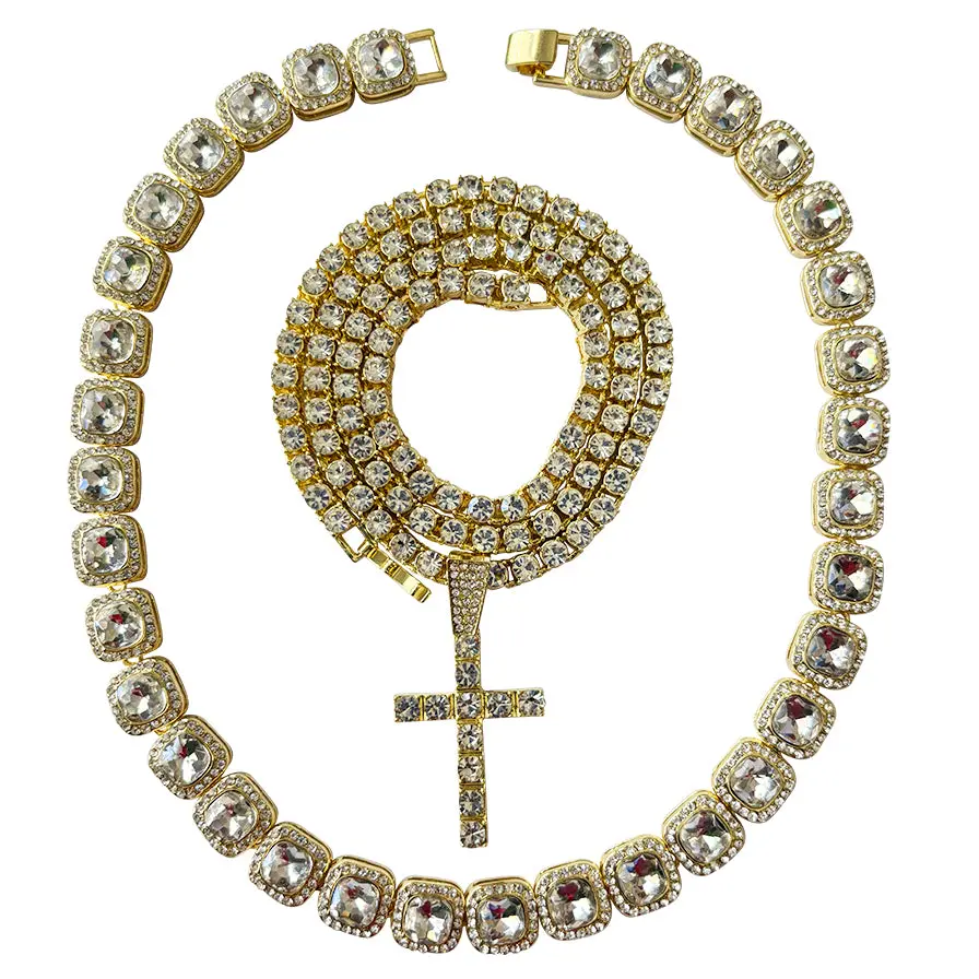 Thick Baguette Stone Chain with Tennis Chain and Cross Pendant