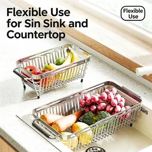 Stainless Steel Retractable Colander Adjustable Sink Drain Basket Foldable Kitchen Washing Bowl Multifunctional Fruit Vegetable Strainer Over Sink Drain Rack Portable Kitchen Storage Organizer Home Countertop Dish Plate Washing Draining Tool