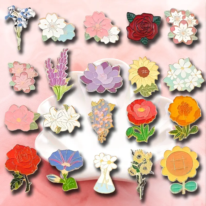 20PCS Cartoon Flowers Sunflower Rose Series Metal Paint Brooch Pins, Exquisite Clothing Versatile Fixed Buckle Collar Clips, Alloy Brooch Pin, Durable Metal Pins