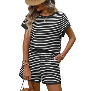 Women's Stripe Knit Short Sleeve Tee Shirts & Shorts Set 2 Piece Lounge Set  Summer Loungewear Shorts Sets