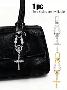 Christian charm keychain, featuring a religious cross and a Virgin Mary pendant, suitable for bags and keys, adding a sense of spirituality and style to accessories, ideal for Christian enthusiasts, fashion lovers, and people of faith.
