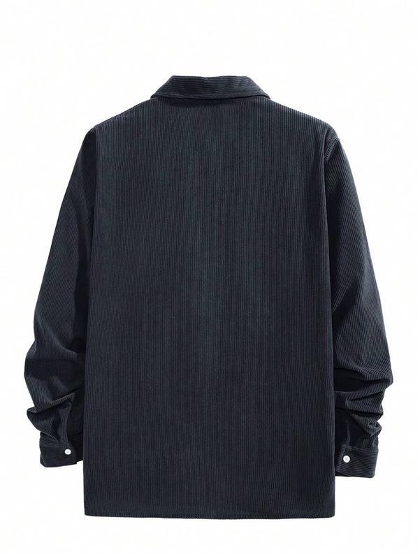 Black Corduroy Turndown Collar Long Sleeve Polo Shirt For Men, Loose Fit Casual Pullover Top, Spring/Autumn