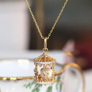 Cute Style Premium Feel Carousel Pendant Necklace with Unique Small Rhinestones and 3D Hollow Pearl Charm in Gold Color