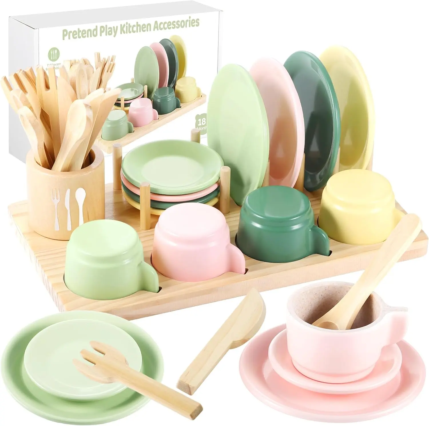 GAGAKU Wooden Play Kitchen Accessories - 25Pcs Montessori Play Dishes Set with Integrated Storage Stand, Bright Color Plates & Bowls, Pretend Cooking Toys for Ages 3-5, Educational Gift for Toddler