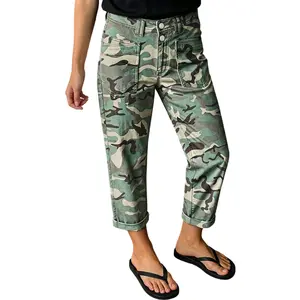 Flamingals Camo Roll Hem Dual Button Mid Waist Straight Leg Crop Pants Stretchy 25.2'' Inseam