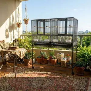 43'' Wrought Iron Birdcage with Detachable Rolling Stand & Feeder, Large Bird Cage with Secure Lock & Slide-Out Tray, Indoor Outdoor Bird Cage on Wheels,Parrot Cages for Parakeets, Pigeons, Black