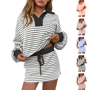 Renaishow Women's Striped 2-Piece Outfits V-Neck Casual Sweatshirt Skirt Set with Elastic High Waist & Built-In Shorts for Sports & Leisure - Elegant