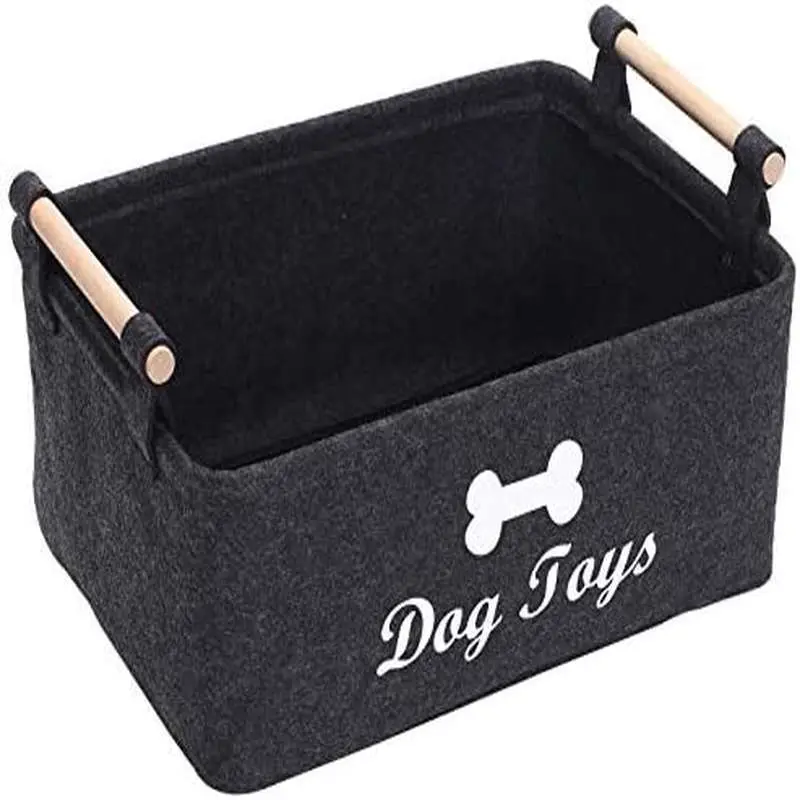 Rectangle Foldable Polyester Dog Storage Basket with Sturdy Wood Handle - 1Pcs Large Capacity Pet Organizer, Dog Bone Label, Dark Grey Home Accessory, 15x10x6 inches Multifunctional Space-Saving Basket