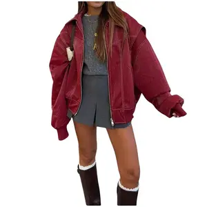 utcoco Women's Faux Leather Jacket Autumn Winter Thickened Fashion Motorcycle Oversized Zipper Coat Long Sleeve Outerwear Casual Windproof Waterproof