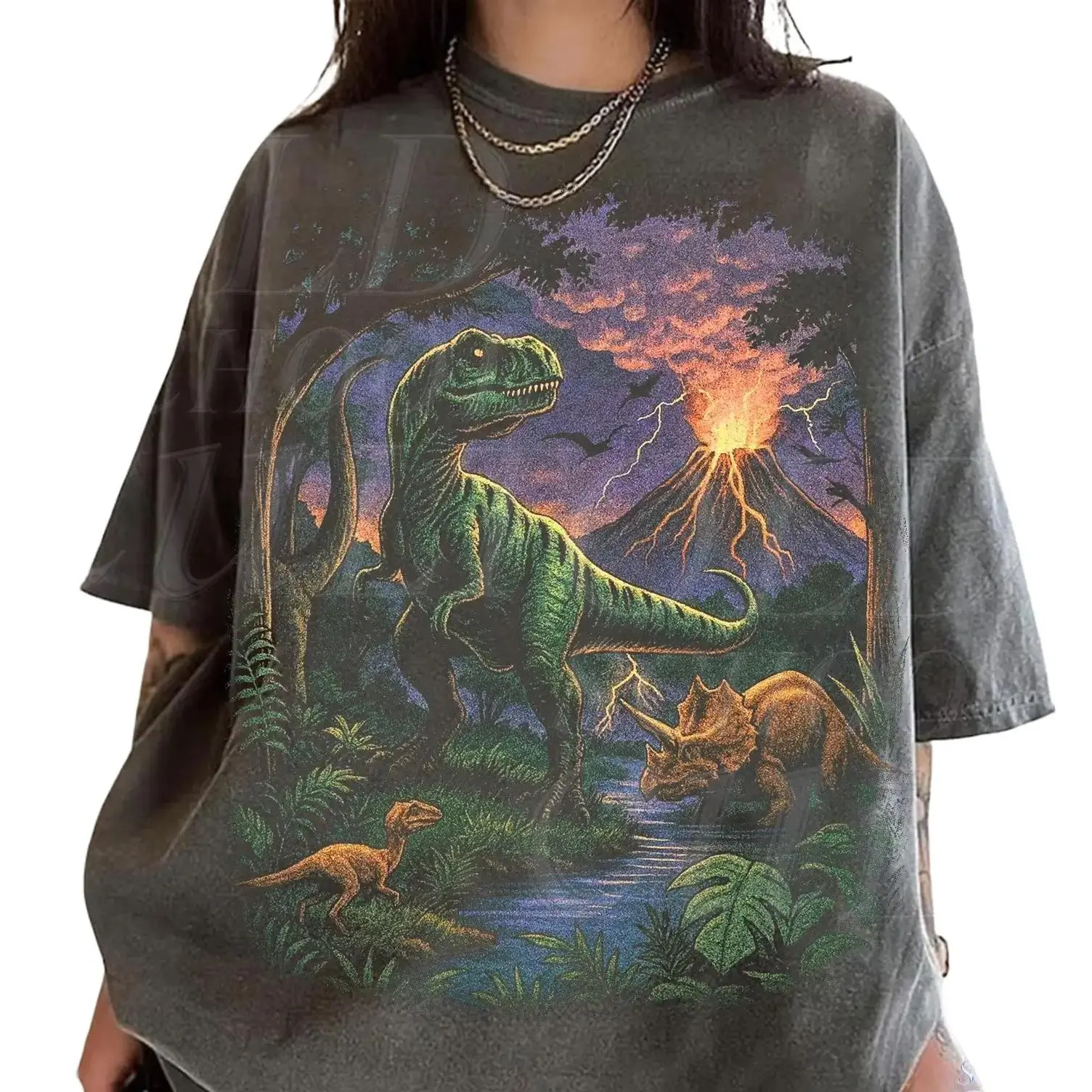Oldschoolcult Vintage Jurassic Dinosaur T-Shirt 90s Graphic Tee T-Rex Triceratops Prehistoric Nostalgia Nature Gift Unisex 100% Cotton Relaxed Fit