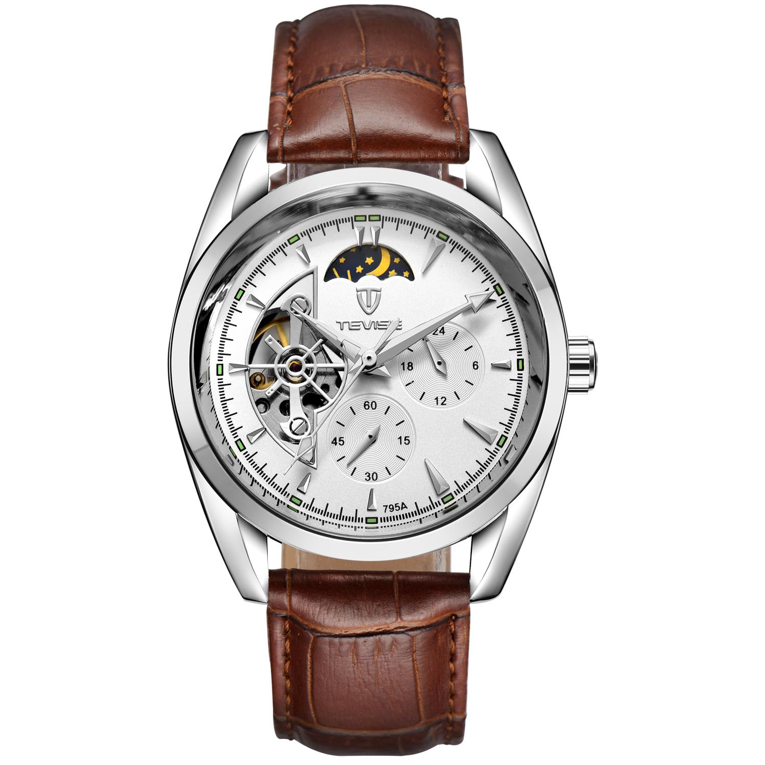 Luxury Men's Skeleton Watch, Moon Phase, Automatic Movement, Business Leather Wristwatch