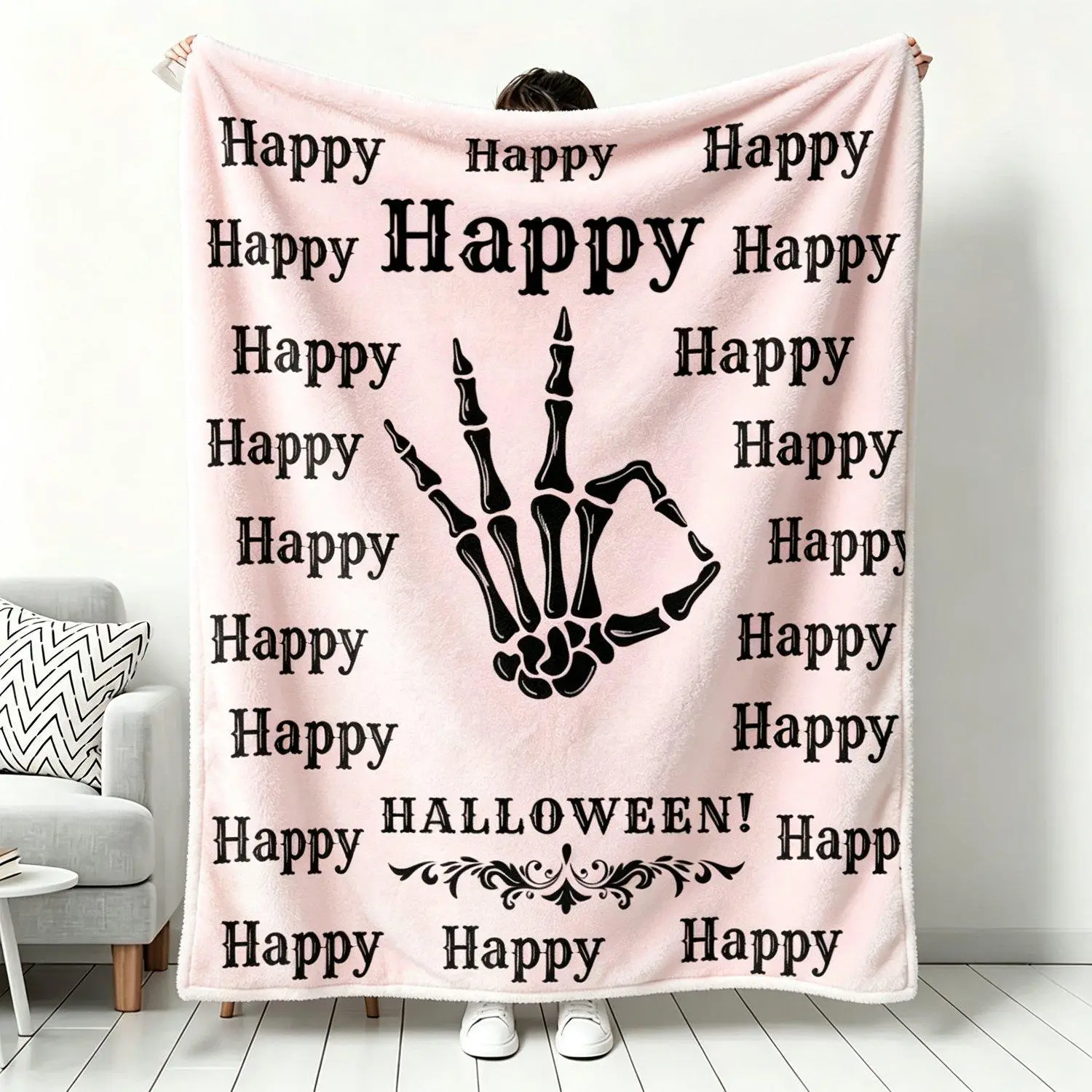 Skeleton Hand Happy Halloween Throw Gothic Spooky Skull Hand Print Soft Flannel Style Blanket Cozy Modern Decorative Blanket for Couch and Bed