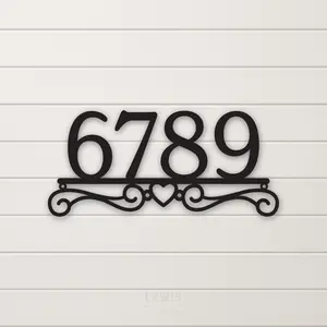 Heart Scroll Metal Address Sign - Custom House Number Plaque, Outdoor Decor