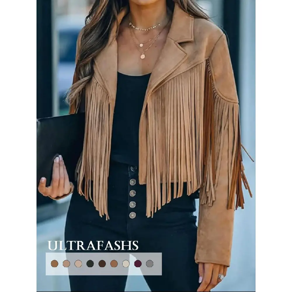 Women's Basic PU Leather Jacket with Fringe Trim, Casual Solid Color Collared Long Sleeve Outerwear for Spring and Fall, Clothes, Button, Full Sleeves, Collared Neck, Leather & Faux Leather