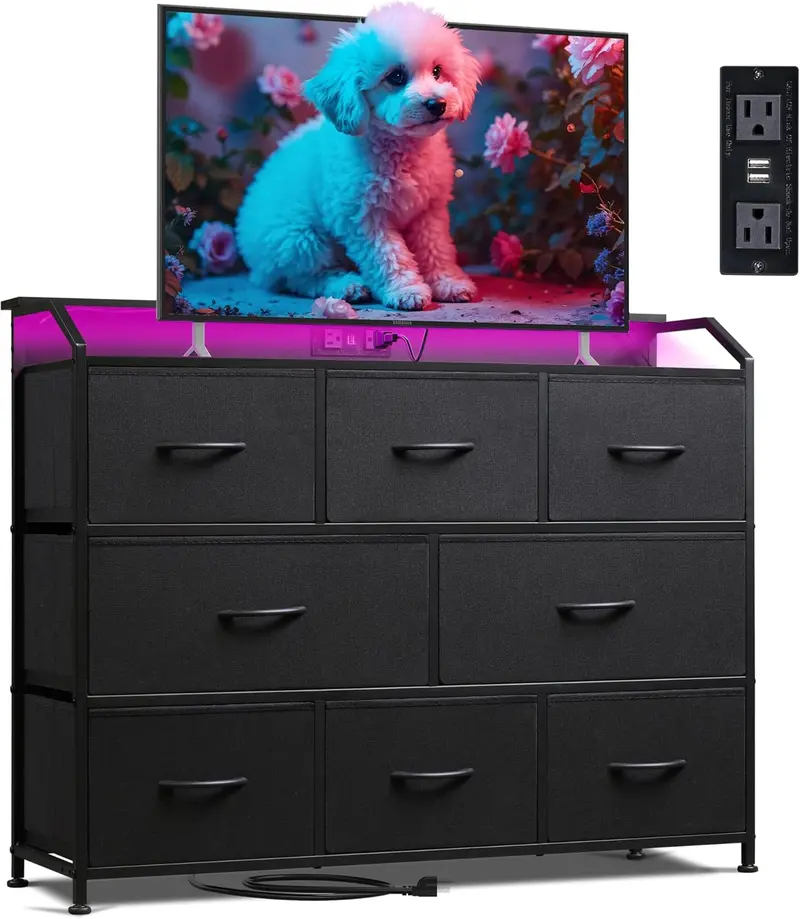 40 inch tv on dresser Snhomee Dresser TV Stand with 9 Drawers, Sturdy Metal Frame & Wood Top, Bedroom, Living Room, Hallway, Dorm room essentials, TV Stand Drawers 47.2