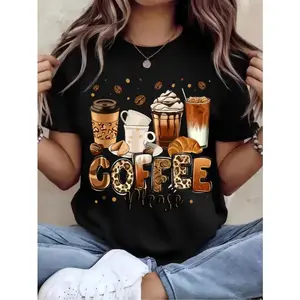 Plus Size Women'S Oversized Coffee Lover Graphic T-Shirt - Casual Short Sleeve Round Neck Top with Coffee Cup, Beans & "COFFEE" Print - Breathable Loose Fit for Spring Summer Fall - Halloween Thanksgiving Christmas Holiday Outfit