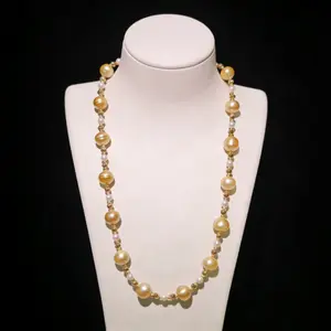 NC06-Saltwater Gold Pearl South-sea Gold Necklace with S925 Sterling Silver Adjustable Chain Seawater Golden Pearl SSG necklace for Mom Wife Luxury Jewelry Gift for Anniversary Valentine's Day