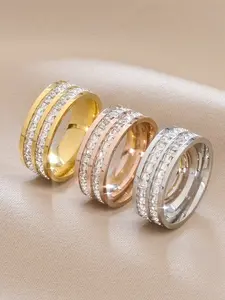 High-end luxury double-row starry zircon titanium steel ring for women, INS trendy 18K non-fading couple ring diamond ring jewelry