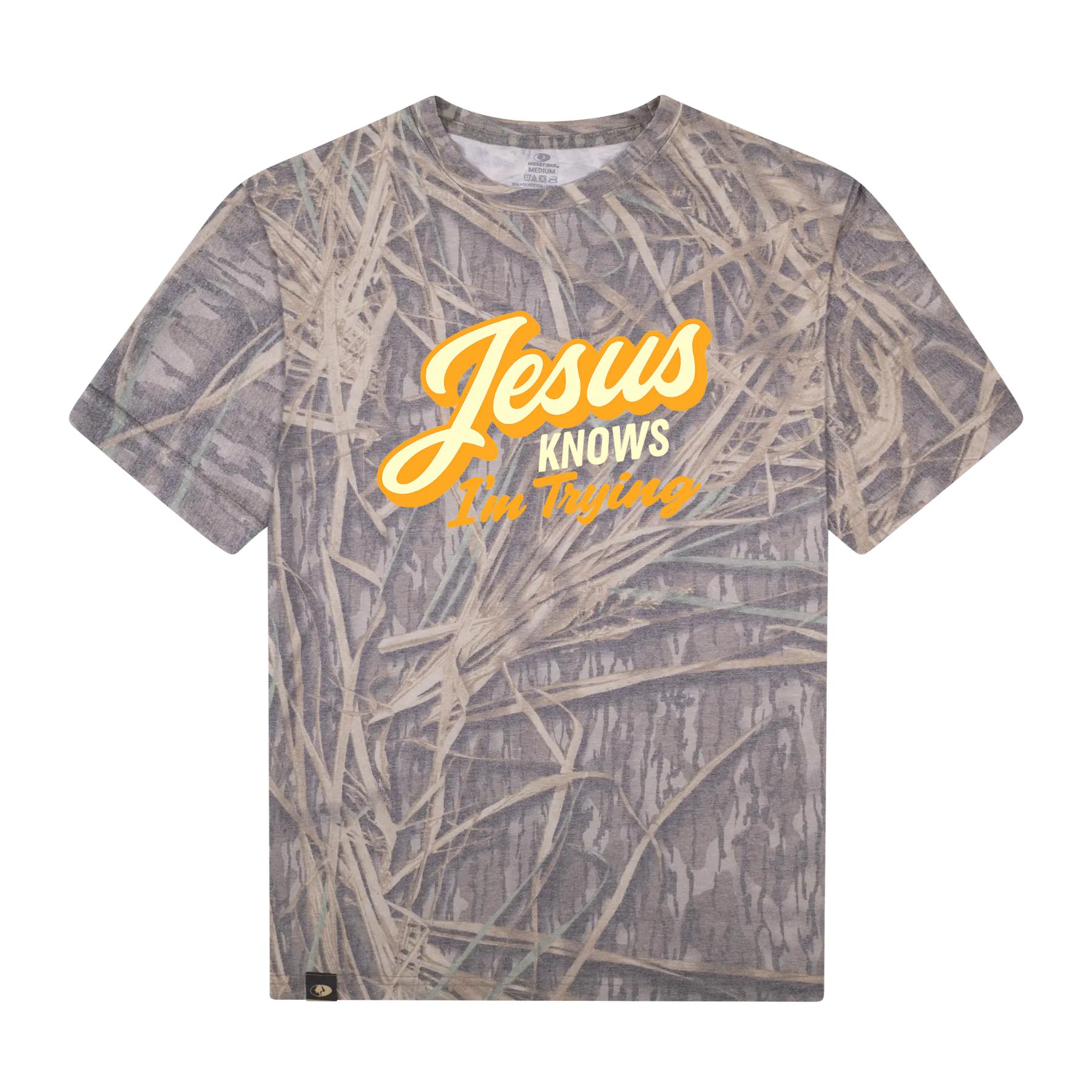 Jesus Knows I'm Trying Camo Christian T-Shirt | Faith Graphic Tee Religious Shirt for Men Women