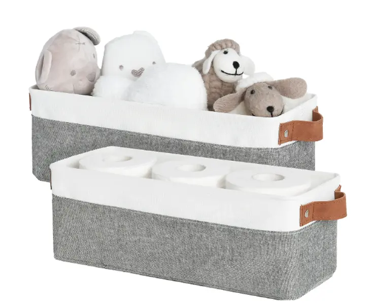 StorageWorks Narrow Storage Bins, Small baskets for Organizing, Long Storage Basket with Handles, Fabric Storage Bins for Shelf, Grey and White, 2-Pack
