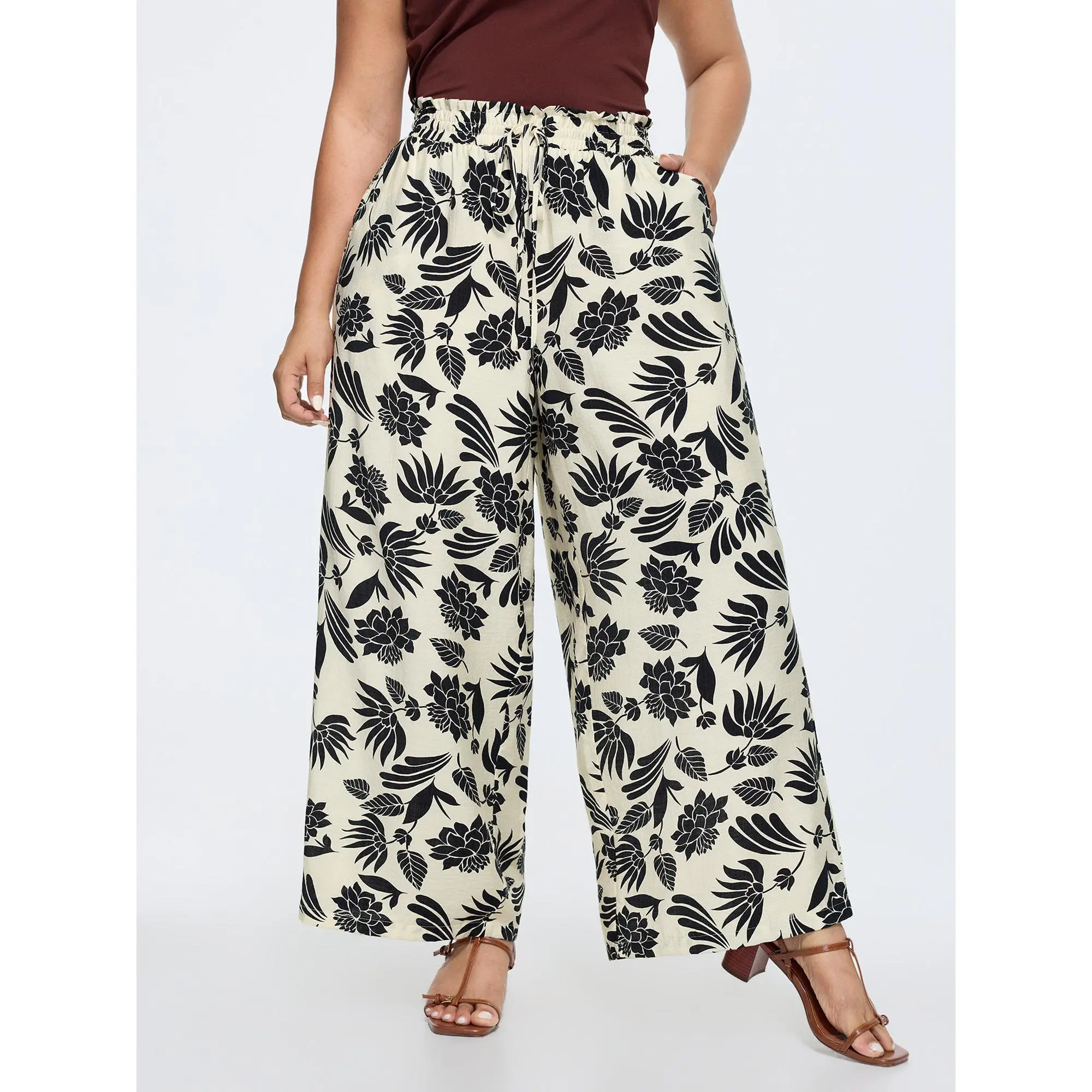 Women's Nylon Smocked Drawstring Waist Floral Tropical Print Smooth Fabric Cropped Loungewear Bottoms with Pocket, Perfect Fit for Summer Deals,Summerfinds