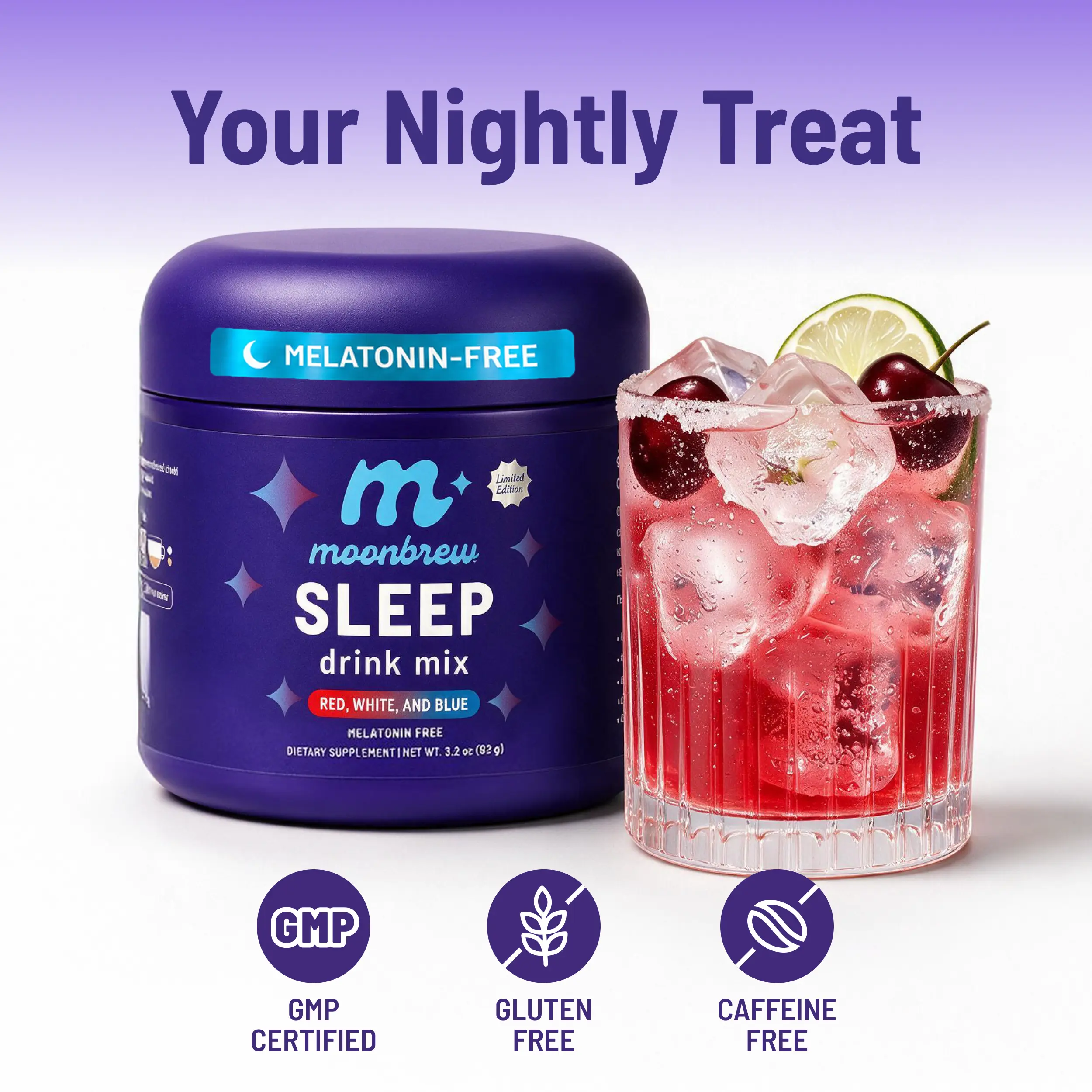 MoonBrew - Red, White, and Blue Sleep Drink Mix – Melatonin-Free, Natural Magnesium & L-Theanine Calming Nighttime Drink Powder Supplement, 25 Servings