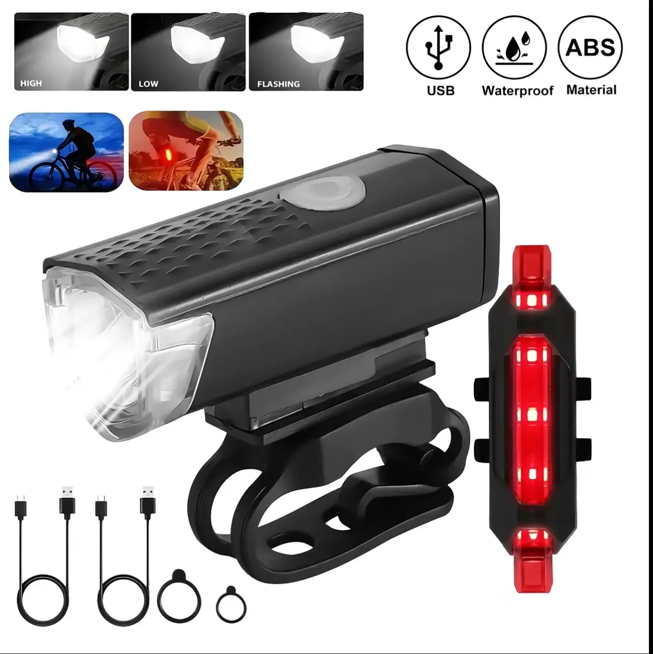 USB Rechargeable LED Bicycle Front & Rear LightSet, Super Bright Waterproof, 3-Mode Headlight, 4-Mode Taillight, Easy Installation for Cycling, Hiking