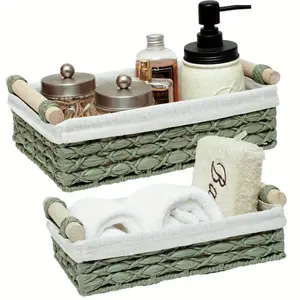 Set of 2 Wicker Storage Baskets with Handles for Countertop & Toilet Paper Organizing Decorative Bins for Bathroom & Kitchen Use Small Baskets for Toiletries and Small Items