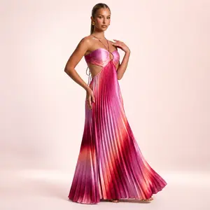 Women’s Pink Ombre Pleated Satin Maxi Dress, Halter Neck Cutout Backless Tie-Back Formal Wedding Guest Dress, Vacation & Party