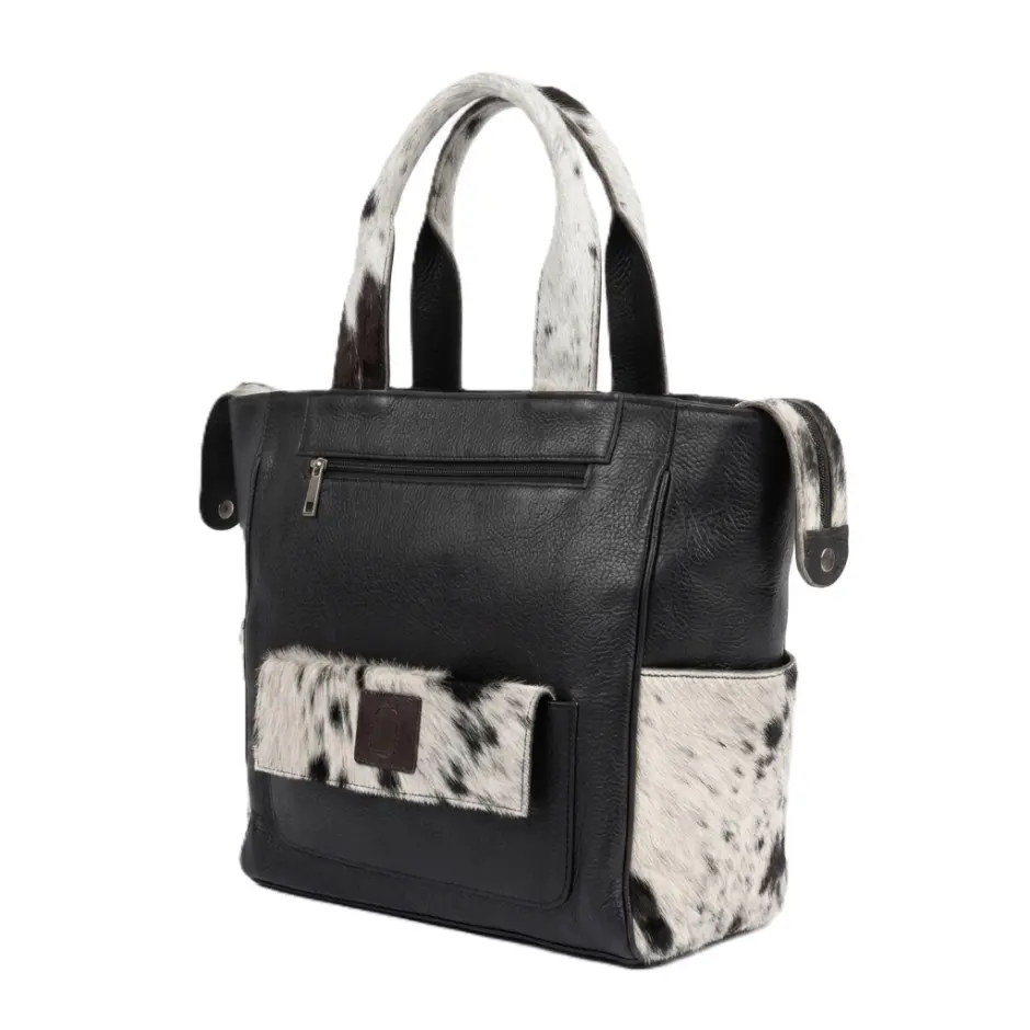 Genuine Hair-on Cowhide Leather Tote Bag – Premium Black & White Western Shoulder Purse with Multi-Pockets, Luxury Everyday Commuter Handbag for Women (14" x 10" x 7")