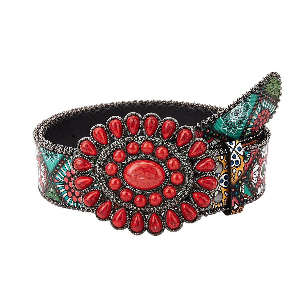 AWAYTR Bohemian Red Stone Flower Buckle Belt Western Ethnic Print Waist Belt Vintage Cowgirl Statement Belt Boho Accessories for Women Fits Jeans Dresses