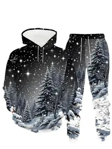 Men's Christmas Limited Edition 3D Starry Snow Scene Hoodie Set, Fitted Long Sleeve Drawstring Sweatshirt + Pants Two-Piece Winter