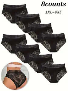8pcs big size classic black series women's sexy lace panties high waisted wider hollow waistband high elasticity comfortable and breathable protec ion
