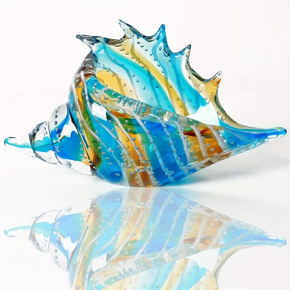 Summer Coastal Blown Glass Conch Figurine, Tropical Blue & Seashell Sculpture, Ocean Theme Decor for Beach House, Birthday & Party Gift