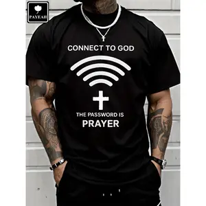 PAYEAH Men's Short-Sleeve Printed Round Neck T-Shirt - 100% Heavy Cotton Casual Streetwear Top, "Connect To God The Password Is Prayer" Graphic, All Seasons Menswear