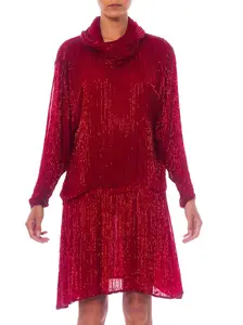1970S HALSTON Red Silk Chiffon Oversized Mini Cocktail Dress Covered In Bugle Beads