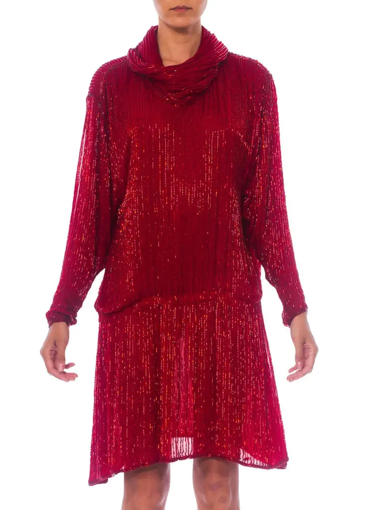 1970S HALSTON Red Silk Chiffon Oversized Mini Cocktail Dress Covered In Bugle Beads
